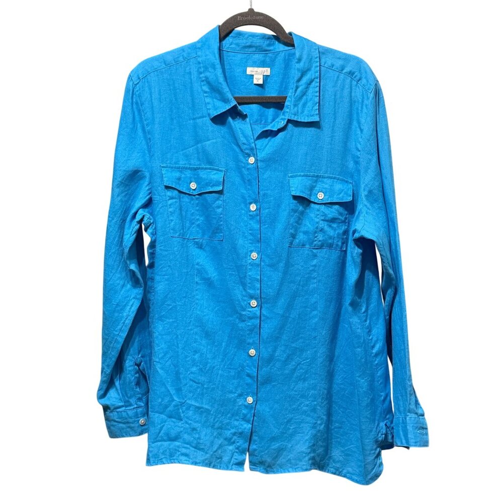 J. Jill Love Linen size XL 100% linen turquoise button front long sleeve  blouse